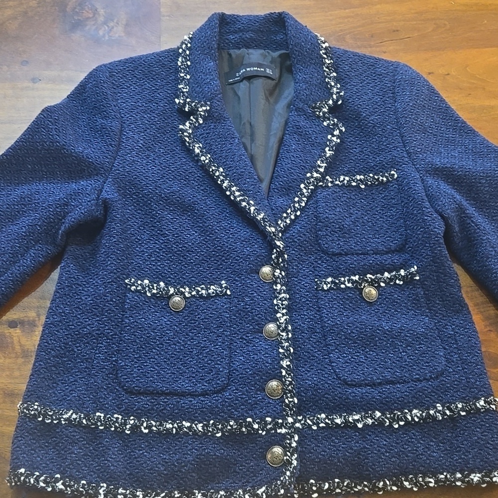 Zara Woman Navy Blue Tweed Boucle Blazer Lady Jacket Size Medium - Picture 12 of 13